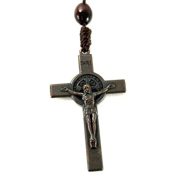 Catholic St Benedict Rosary Wooden Beads Metal Crucifix INRI 20” - Picture 2 of 6